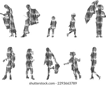 Vector illustration, Outline silhouettes of people, Contour drawing, people silhouette, Icon Set Isolated, Silhouette of sitting people, Architectural set	
