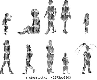 Vector illustration, Outline silhouettes of people, Contour drawing, people silhouette, Icon Set Isolated, Silhouette of sitting people, Architectural set	
