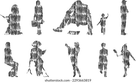 Vector illustration, Outline silhouettes of people, Contour drawing, people silhouette, Icon Set Isolated, Silhouette of sitting people, Architectural set	
