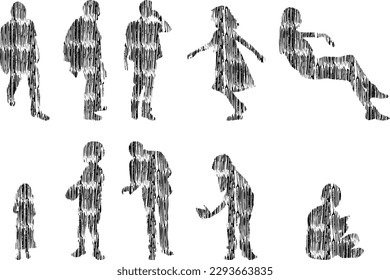 Vector illustration, Outline silhouettes of people, Contour drawing, people silhouette, Icon Set Isolated, Silhouette of sitting people, Architectural set	
