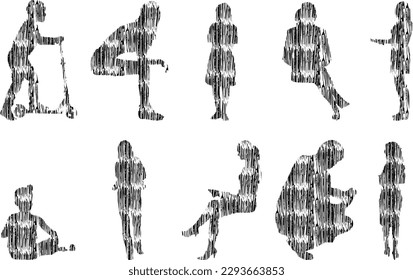 Vector illustration, Outline silhouettes of people, Contour drawing, people silhouette, Icon Set Isolated, Silhouette of sitting people, Architectural set	
