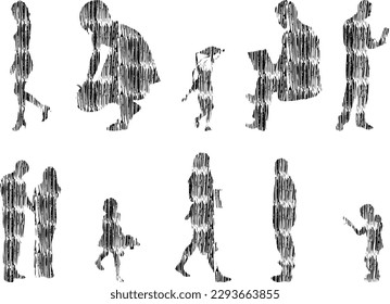 Vector illustration, Outline silhouettes of people, Contour drawing, people silhouette, Icon Set Isolated, Silhouette of sitting people, Architectural set	
