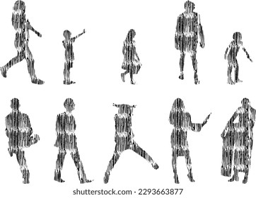 Vector illustration, Outline silhouettes of people, Contour drawing, people silhouette, Icon Set Isolated, Silhouette of sitting people, Architectural set	
