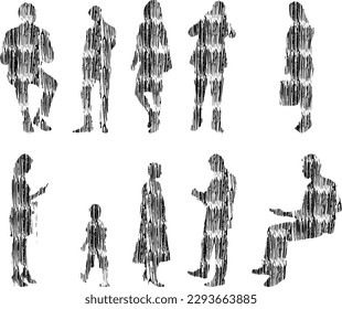 Vector illustration, Outline silhouettes of people, Contour drawing, people silhouette, Icon Set Isolated, Silhouette of sitting people, Architectural set	
