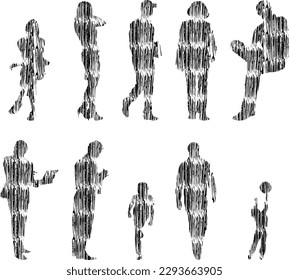 Vector illustration, Outline silhouettes of people, Contour drawing, people silhouette, Icon Set Isolated, Silhouette of sitting people, Architectural set	
