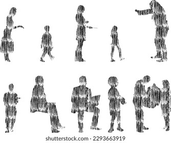 Vector illustration, Outline silhouettes of people, Contour drawing, people silhouette, Icon Set Isolated, Silhouette of sitting people, Architectural set	
