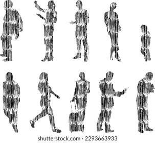 Vector illustration, Outline silhouettes of people, Contour drawing, people silhouette, Icon Set Isolated, Silhouette of sitting people, Architectural set	
