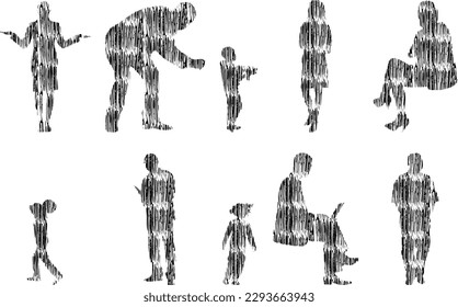 Vector illustration, Outline silhouettes of people, Contour drawing, people silhouette, Icon Set Isolated, Silhouette of sitting people, Architectural set	
