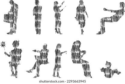 Ilustración vectorial, Siluetas de contorno de personas, dibujo de contorno, silueta de personas, conjunto de iconos aislados, silueta de personas sentadas, conjunto arquitectónico	

