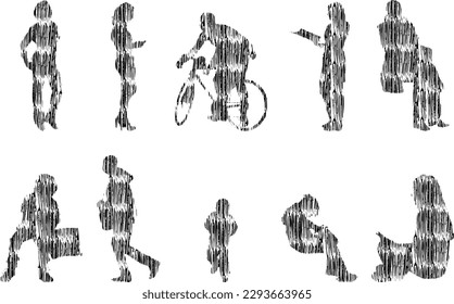 Vektorgrafik, Umrisssilhouetten von Menschen, Konturzeichnung, Silhouette von Menschen, Symbolsatz isoliert, Silhouette von sitzenden Menschen, Architekturset	
