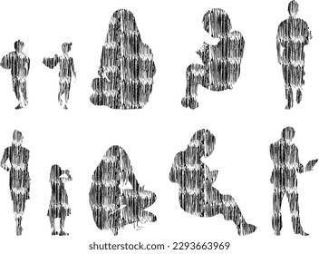 Vector illustration, Outline silhouettes of people, Contour drawing, people silhouette, Icon Set Isolated, Silhouette of sitting people, Architectural set	

