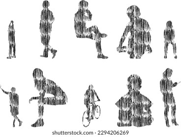 Vector illustration, Outline silhouettes of people, Contour drawing, people silhouette, Icon Set Isolated , Silhouette of sitting people, Architectural set	
