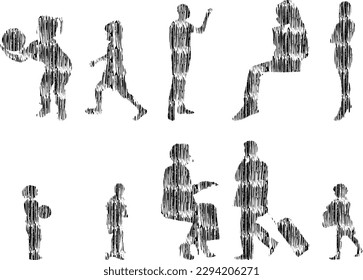 Vector illustration, Outline silhouettes of people, Contour drawing, people silhouette, Icon Set Isolated , Silhouette of sitting people, Architectural set	
