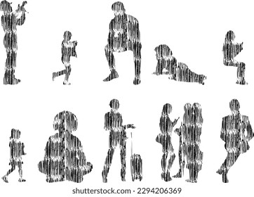 Vector illustration, Outline silhouettes of people, Contour drawing, people silhouette, Icon Set Isolated , Silhouette of sitting people, Architectural set	
