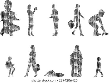 Vector illustration, Outline silhouettes of people, Contour drawing, people silhouette, Icon Set Isolated , Silhouette of sitting people, Architectural set	
