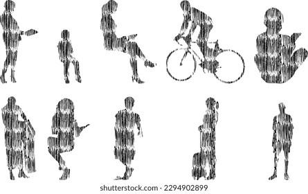 Vector illustration, Outline silhouettes of people, Contour drawing, people silhouette, Icon Set Isolated , Silhouette of sitting people, Architectural set	
