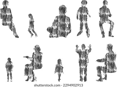 Vektorgrafik, Umrisssilhouetten von Menschen, Kontrastzeichnung, Silhouette von Menschen, Symbolsatz isoliert, Silhouette von sitzenden Menschen, Architekturset	
