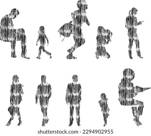 Vector illustration, Outline silhouettes of people, Contour drawing, people silhouette, Icon Set Isolated , Silhouette of sitting people, Architectural set	
