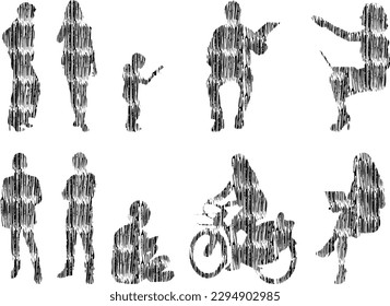 Vector illustration, Outline silhouettes of people, Contour drawing, people silhouette, Icon Set Isolated , Silhouette of sitting people, Architectural set	
