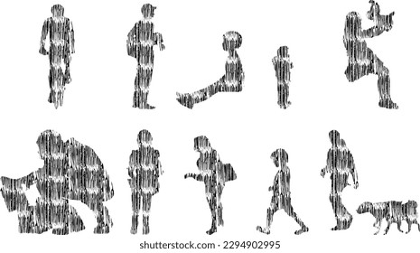 Vector illustration, Outline silhouettes of people, Contour drawing, people silhouette, Icon Set Isolated , Silhouette of sitting people, Architectural set	
