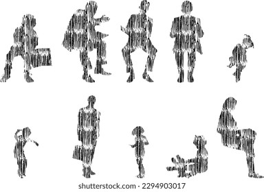 Vector illustration, Outline silhouettes of people, Contour drawing, people silhouette, Icon Set Isolated , Silhouette of sitting people, Architectural set	
