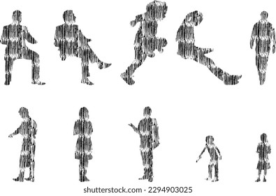 Vector illustration, Outline silhouettes of people, Contour drawing, people silhouette, Icon Set Isolated , Silhouette of sitting people, Architectural set	
