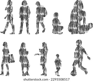 Vector illustration, Outline silhouettes of people, Contour drawing, people silhouette, Icon Set Isolated , Silhouette of sitting people, Architectural set	
