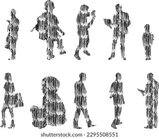 Vector illustration, Outline silhouettes of people, Contour drawing, people silhouette, Icon Set Isolated , Silhouette of sitting people, Architectural set	
