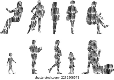 Vector illustration, Outline silhouettes of people, Contour drawing, people silhouette, Icon Set Isolated , Silhouette of sitting people, Architectural set	
