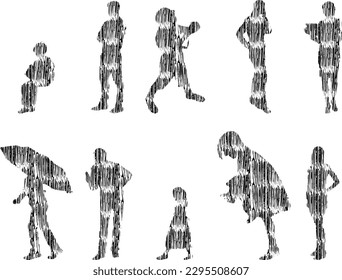 Vector illustration, Outline silhouettes of people, Contour drawing, people silhouette, Icon Set Isolated , Silhouette of sitting people, Architectural set	
