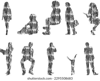 Vector illustration, Outline silhouettes of people, Contour drawing, people silhouette, Icon Set Isolated , Silhouette of sitting people, Architectural set	
