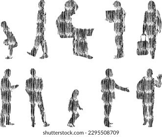 Vector illustration, Outline silhouettes of people, Contour drawing, people silhouette, Icon Set Isolated , Silhouette of sitting people, Architectural set	
