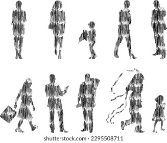 Vector illustration, Outline silhouettes of people, Contour drawing, people silhouette, Icon Set Isolated , Silhouette of sitting people, Architectural set	
