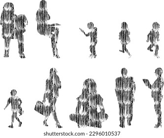 Vector illustration, Outline silhouettes of people, Contour drawing, people silhouette, Icon Set Isolated , Silhouette of sitting people, Architectural set	
