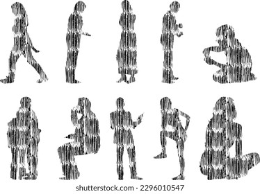 Vector illustration, Outline silhouettes of people, Contour drawing, people silhouette, Icon Set Isolated , Silhouette of sitting people, Architectural set	
