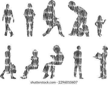 Vector illustration, Outline silhouettes of people, Contour drawing, people silhouette, Icon Set Isolated , Silhouette of sitting people, Architectural set	
