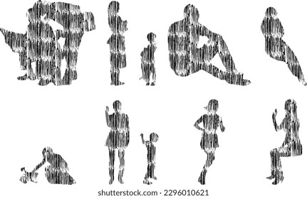 Vector illustration, Outline silhouettes of people, Contour drawing, people silhouette, Icon Set Isolated , Silhouette of sitting people, Architectural set	
