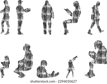 Vector illustration, Outline silhouettes of people, Contour drawing, people silhouette, Icon Set Isolated , Silhouette of sitting people, Architectural set	
