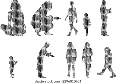 Vector illustration, Outline silhouettes of people, Contour drawing, people silhouette, Icon Set Isolated , Silhouette of sitting people, Architectural set	
