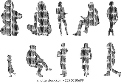 Vector illustration, Outline silhouettes of people, Contour drawing, people silhouette, Icon Set Isolated , Silhouette of sitting people, Architectural set	
