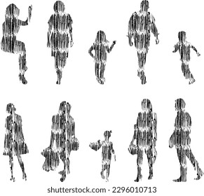 Vector illustration, Outline silhouettes of people, Contour drawing, people silhouette, Icon Set Isolated , Silhouette of sitting people, Architectural set	
