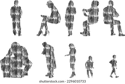 Vector illustration, Outline silhouettes of people, Contour drawing, people silhouette, Icon Set Isolated , Silhouette of sitting people, Architectural set	
