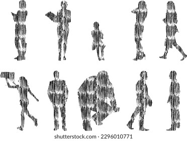 Vector illustration, Outline silhouettes of people, Contour drawing, people silhouette, Icon Set Isolated , Silhouette of sitting people, Architectural set	
