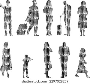 Vector illustration, Outline silhouettes of people, Contour drawing, people silhouette, Icon Set Isolated , Silhouette of sitting people, Architectural set	
