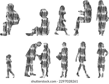 Vector illustration, Outline silhouettes of people, Contour drawing, people silhouette, Icon Set Isolated , Silhouette of sitting people, Architectural set	
