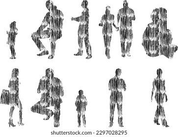 Vector illustration, Outline silhouettes of people, Contour drawing, people silhouette, Icon Set Isolated , Silhouette of sitting people, Architectural set	
