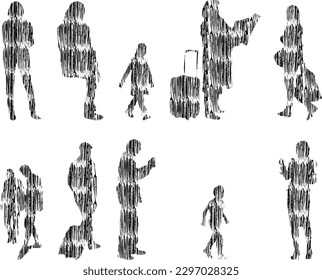Vector illustration, Outline silhouettes of people, Contour drawing, people silhouette, Icon Set Isolated , Silhouette of sitting people, Architectural set	
