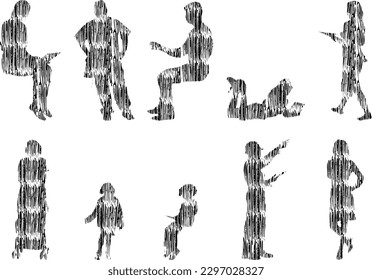 Vector illustration, Outline silhouettes of people, Contour drawing, people silhouette, Icon Set Isolated , Silhouette of sitting people, Architectural set	
