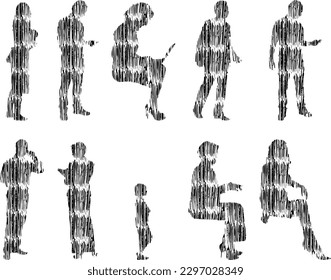 Vector illustration, Outline silhouettes of people, Contour drawing, people silhouette, Icon Set Isolated , Silhouette of sitting people, Architectural set	
