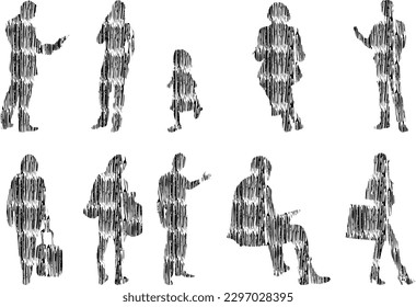 Vector illustration, Outline silhouettes of people, Contour drawing, people silhouette, Icon Set Isolated , Silhouette of sitting people, Architectural set	
